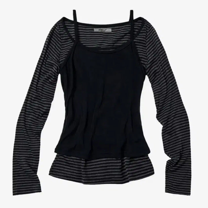[BUNJANG] Likethemost Striped Layered Long Sleeve Top Charcoal / 라이크더 모스트 스트라이프 레이어드 차콜