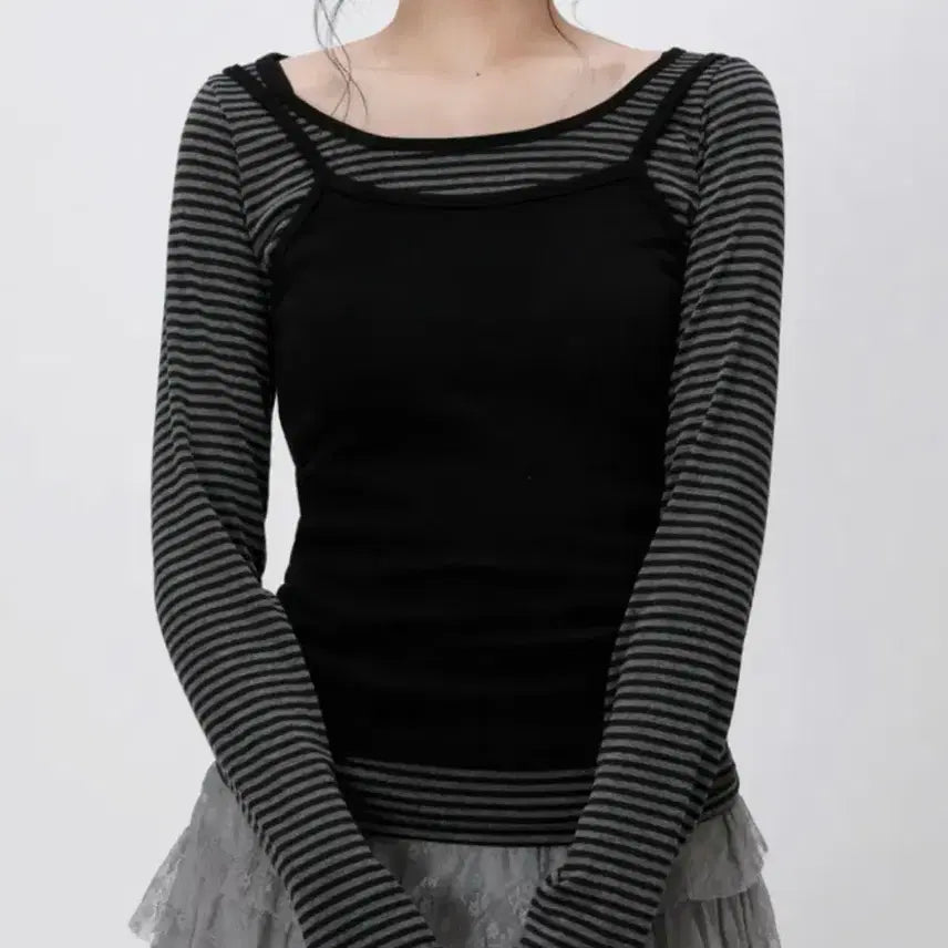 [BUNJANG] Likethemost Striped Layered Long Sleeve Top Charcoal / 라이크더 모스트 스트라이프 레이어드 차콜