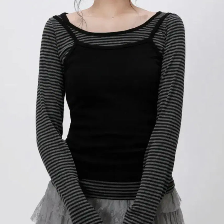 [BUNJANG] Likethemost Striped Layered Long Sleeve Top Charcoal / 라이크더 모스트 스트라이프 레이어드 차콜