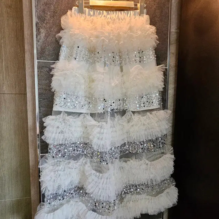 [BUNJANG] White Tiered Tulle Sequin Skirt / 화이트 캉캉 튜튜 스팽글 스커트(새상품)