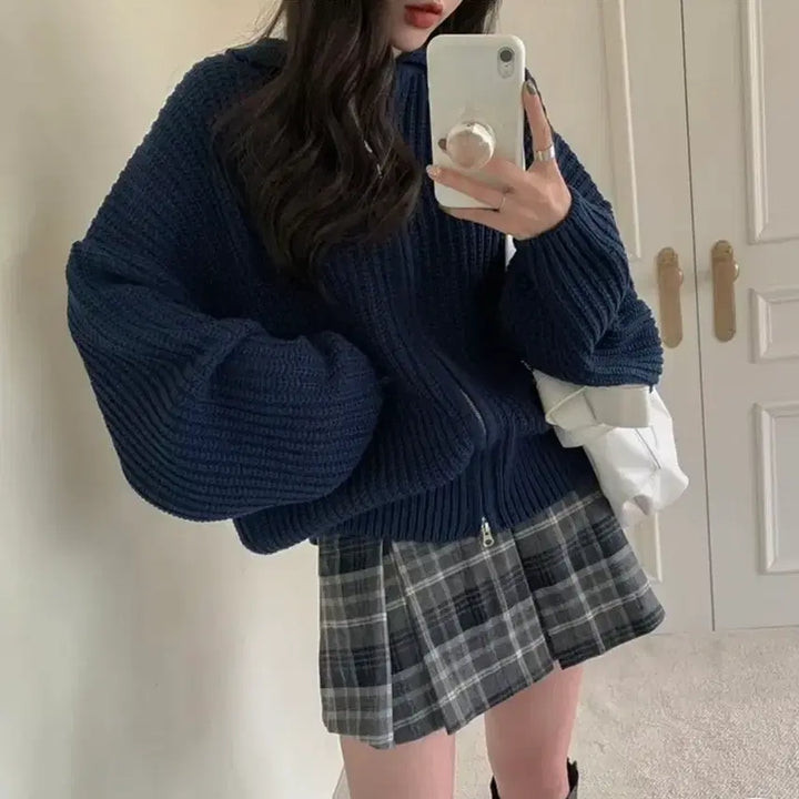 [BUNJANG] Modi Mood Muni Hachi Collar Knit Zip-Up Navy / 모디무드 뮤니 하찌 카라 니트 집업 네이비