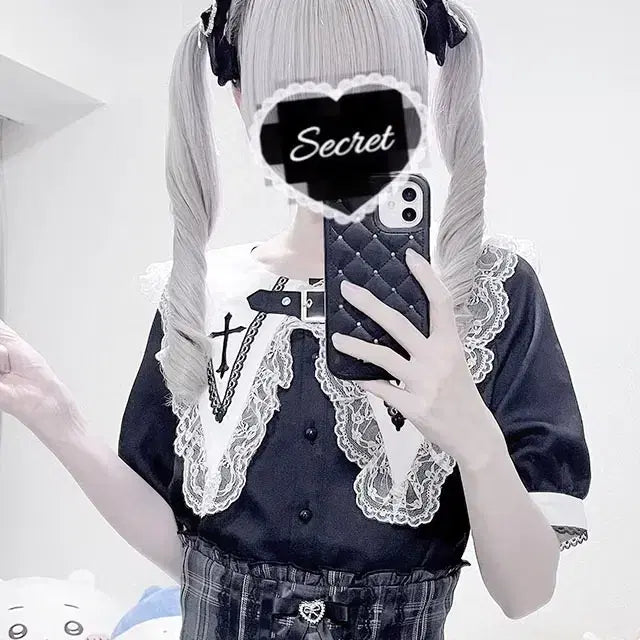 [BUNJANG] MARS Big Collar Embroidered Short Sleeve Blouse / MARS 마즈 빅 카라 크로스 자수 반팔 블라우스