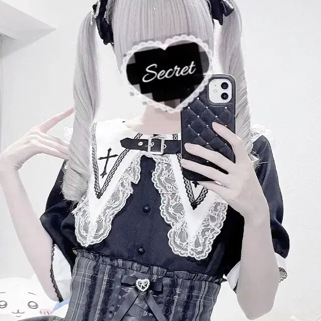 [BUNJANG] MARS Big Collar Embroidered Short Sleeve Blouse / MARS 마즈 빅 카라 크로스 자수 반팔 블라우스