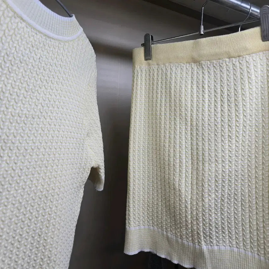 [BUNJANG] Pastel Yellow Cable Knit Short Sleeve Set / (새거)파스텔 노랑  꽈배기 반팔세트