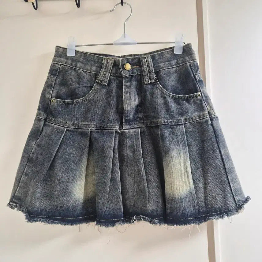 [BUNJANG] Vintage Wash Denim Pleated Mini Skirt / 빈티지 워싱 데님 플리츠 미니스커트