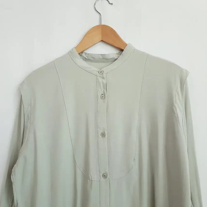 [BUNJANG] Vintage Henry Neck Solid Sheer Office Long Sleeve Blouse - Women&