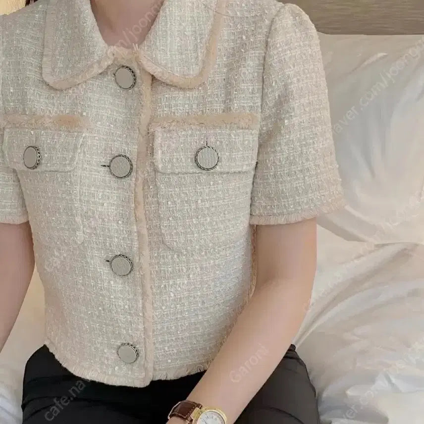 [BUNJANG] PAGE U Short Sleeve Tweed Jacket (Pink, Size 55) / PAGE U 페이지유 반팔 트위드 자켓, 55 새상품