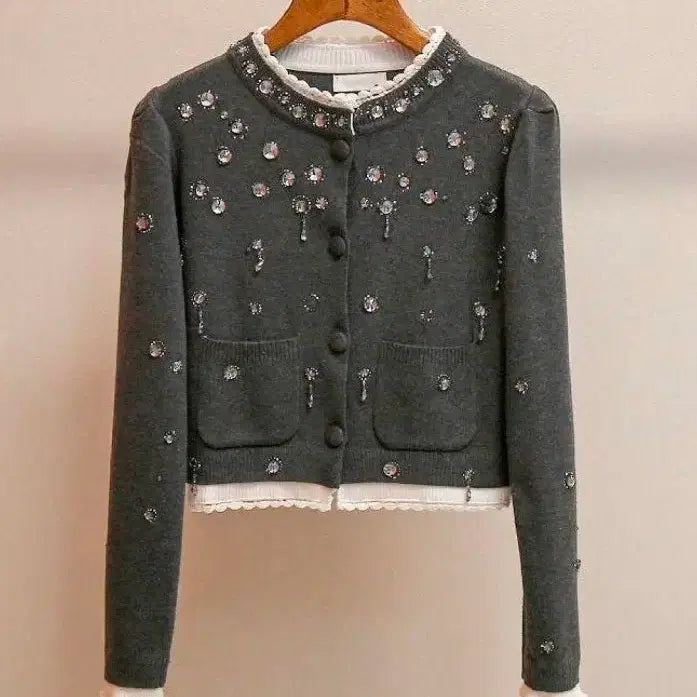 [BUNJANG] Lace Cubic Detail Cropped Cardigan / (새거)레이스 큐빅 가디건