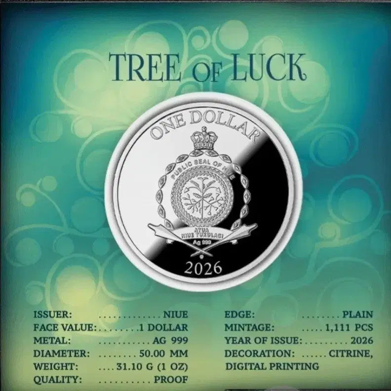 [BUNJANG] 2026 Niue 1 oz Tree of Luck Citrine Silver Coin / 2026 니우에 1온스 시트린 트리 오브럭 은화