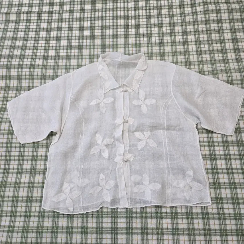 [BUNJANG] Handmade Korean Ramie Shirt with Floral Embroidery / 3 ㅡ모시 국산 맞춤 작품 셔츠ㅡ55ㅡ66