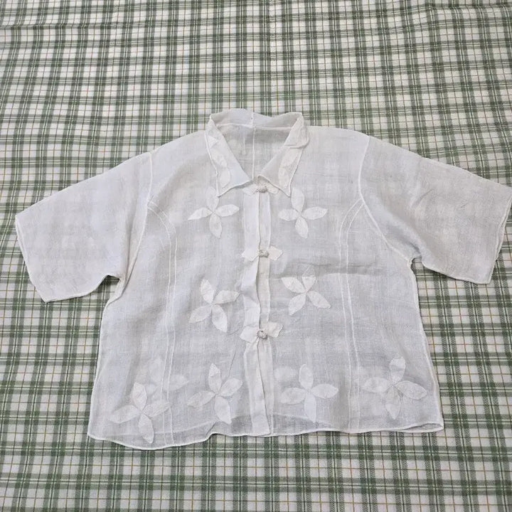 [BUNJANG] Handmade Korean Ramie Shirt with Floral Embroidery / 3 ㅡ모시 국산 맞춤 작품 셔츠ㅡ55ㅡ66