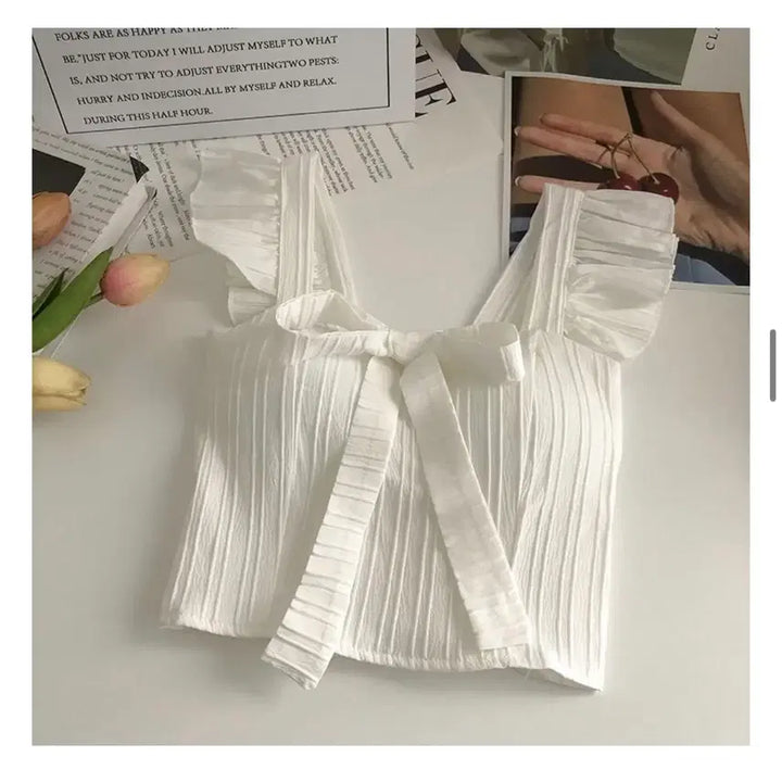 [BUNJANG] Frill Ribbon Built-in Bra Camisole White / 프릴 리본 캡내장 나시 화이트