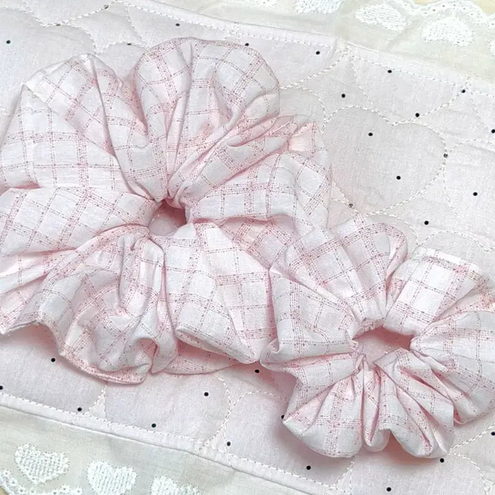 [BUNJANG] Handmade Scrunchie Pink Checkered / 핑크 체크 셔링 곱창 머리끈 핸드메이드 수제