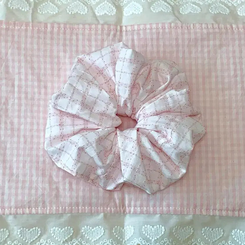 [BUNJANG] Handmade Scrunchie Pink Checkered / 핑크 체크 셔링 곱창 머리끈 핸드메이드 수제