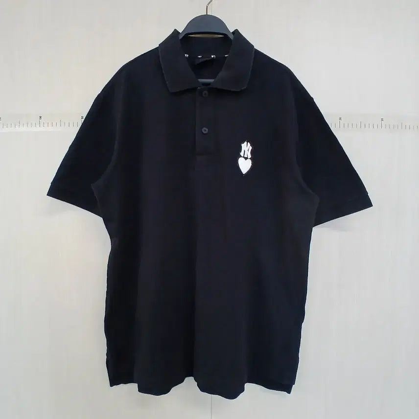 [BUNJANG] MLB Heart NY Black Short Sleeve Polo T-Shirt / MLB 하트 NY 블랙 반팔 카라티