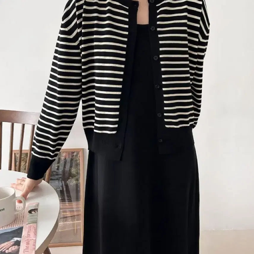 [BUNJANG] Striped Cardigan Dress Set - Black / 단가라 가디건 원피스 세트 블랙
