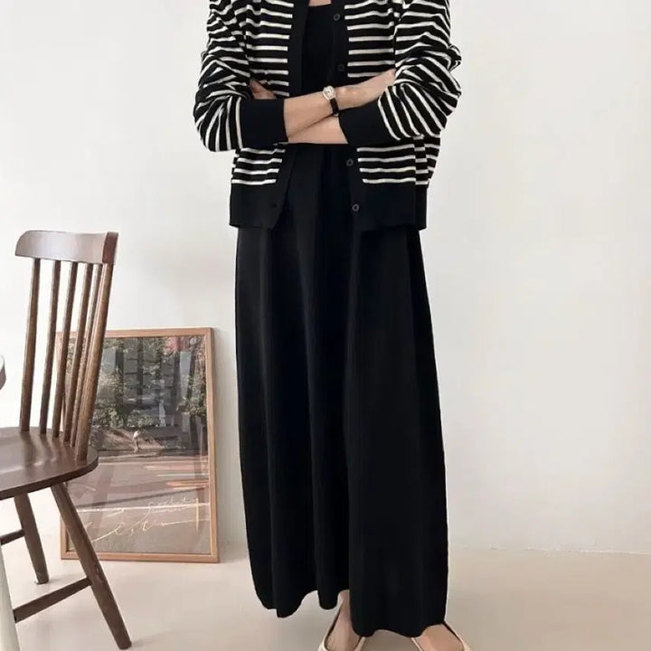 [BUNJANG] Striped Cardigan Dress Set - Black / 단가라 가디건 원피스 세트 블랙