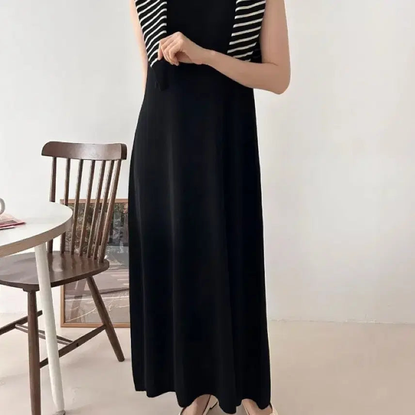 [BUNJANG] Striped Cardigan Dress Set - Black / 단가라 가디건 원피스 세트 블랙