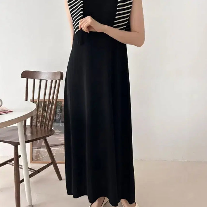 [BUNJANG] Striped Cardigan Dress Set - Black / 단가라 가디건 원피스 세트 블랙