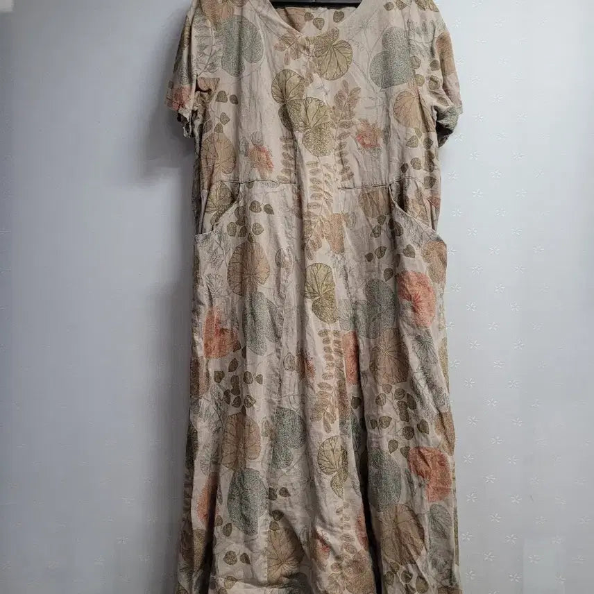 [BUNJANG] Linen Flower Pattern Short Sleeve Long Dress / 77)플라워 패턴 린넨 원피스 반팔