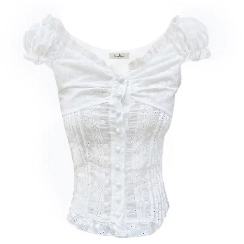 [BUNJANG] Frill Lace Punch Short Sleeve Blouse / 새상품)여성 러블리 프릴 레이스 펀칭 반팔 블라우스 여리