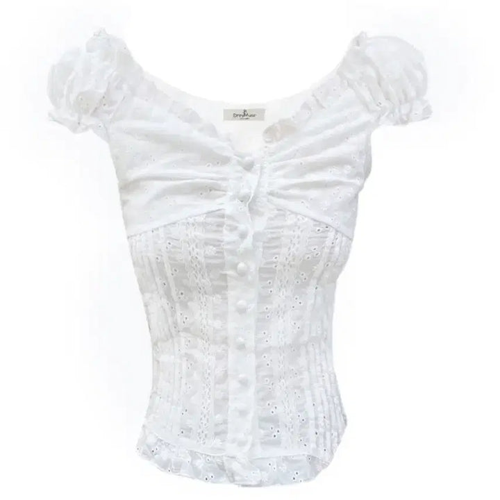 [BUNJANG] Frill Lace Punch Short Sleeve Blouse / 새상품)여성 러블리 프릴 레이스 펀칭 반팔 블라우스 여리
