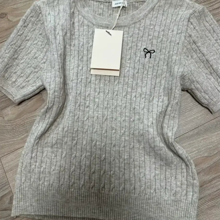 [BUNJANG] Ribbon Cable Knit Short Sleeve Knit / 리본 꽈배기 반팔 니트
