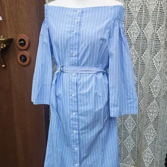 [BUNJANG] Stripe Off-Shoulder Shirt Long Dress / F) 스트라이프 오프숄더 셔츠 롱원피스