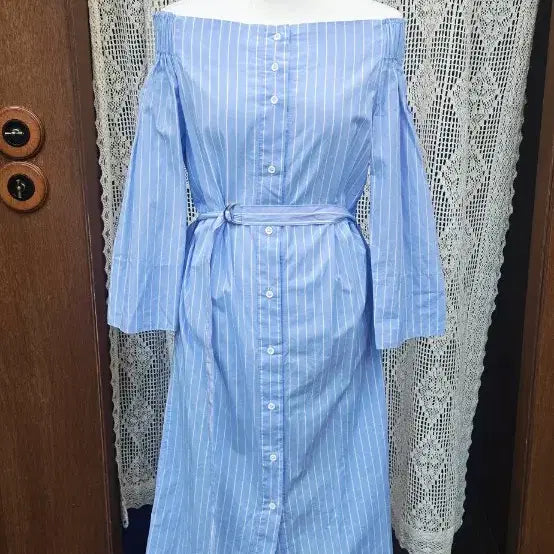 [BUNJANG] Stripe Off-Shoulder Shirt Long Dress / F) 스트라이프 오프숄더 셔츠 롱원피스