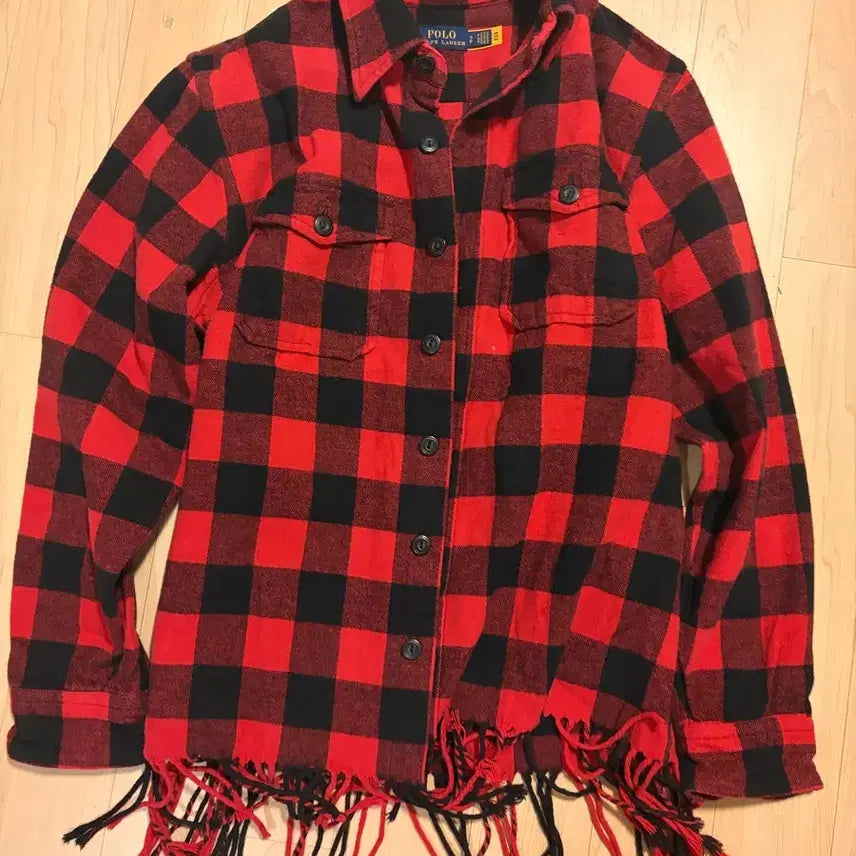 [BUNJANG] Polo Red Black Check Fringe Shirt (Size 55) / 폴로 레드 블랙 체크 셔츠 남방 프린지 55