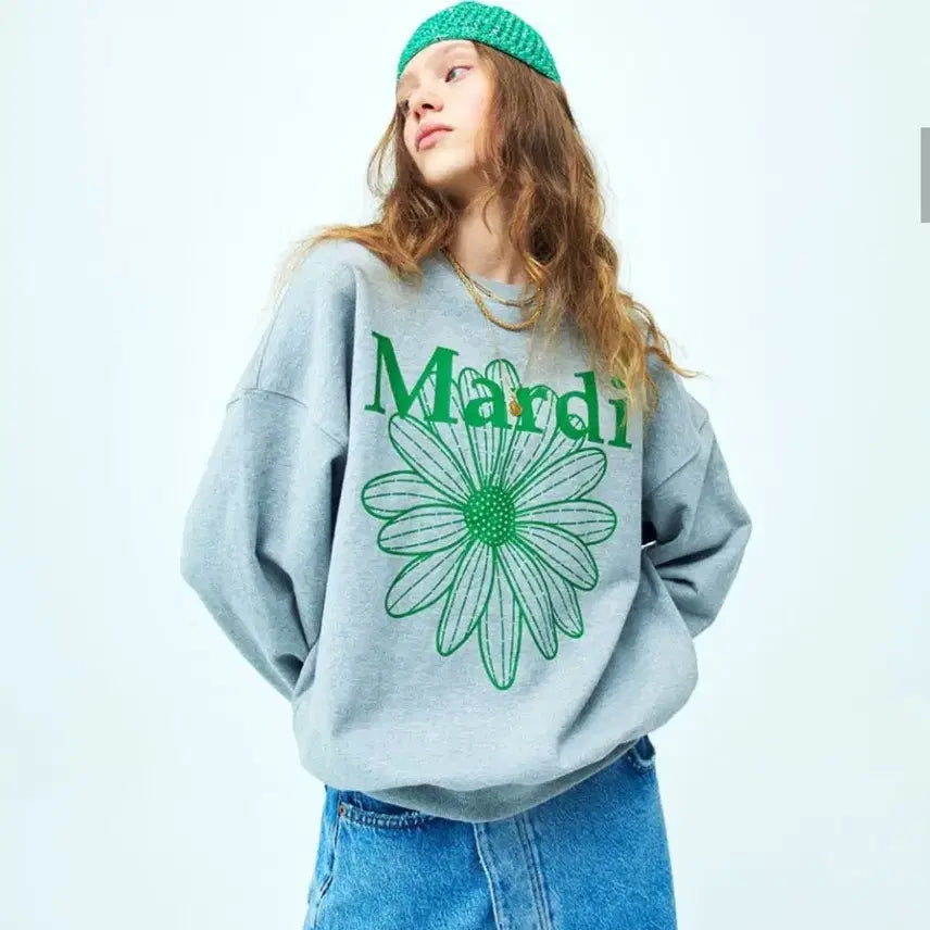 [BUNJANG] Mardi Mercredi Flower Sweatshirt Green &amp; Gray / 마르디 메크르디 플라워 맨투맨 그린&amp;그레이 (F)