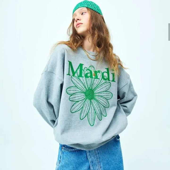 [BUNJANG] Mardi Mercredi Flower Sweatshirt Green &amp; Gray / 마르디 메크르디 플라워 맨투맨 그린&amp;그레이 (F)