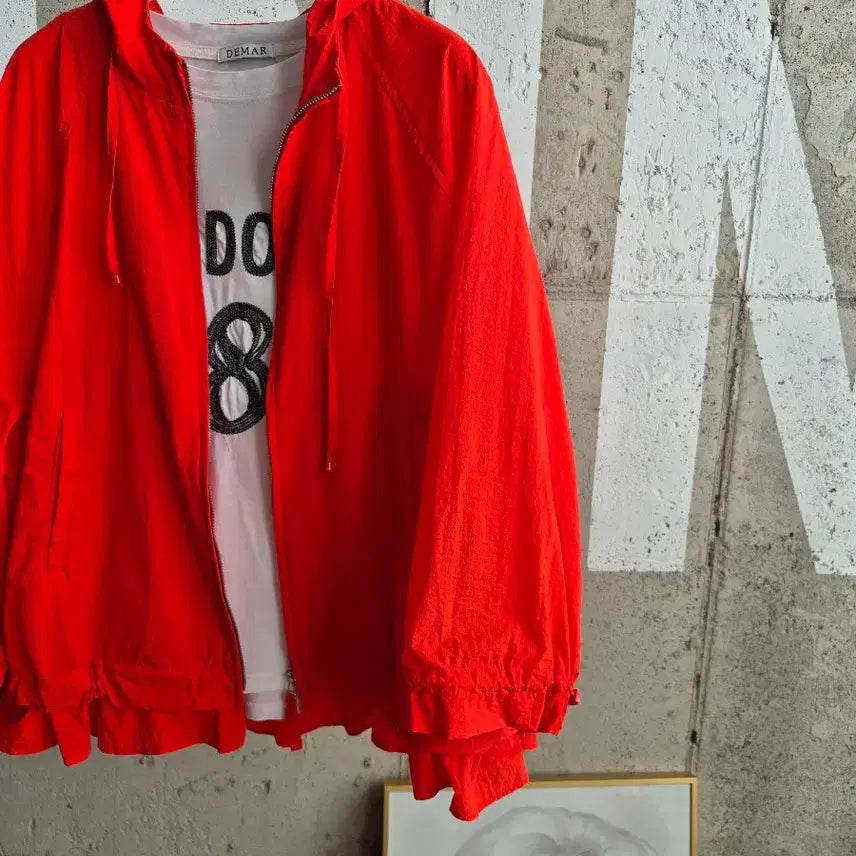 [BUNJANG] Cresong String Frill Hooded Jacket Red / 크레송 스트링프릴 후드자켓