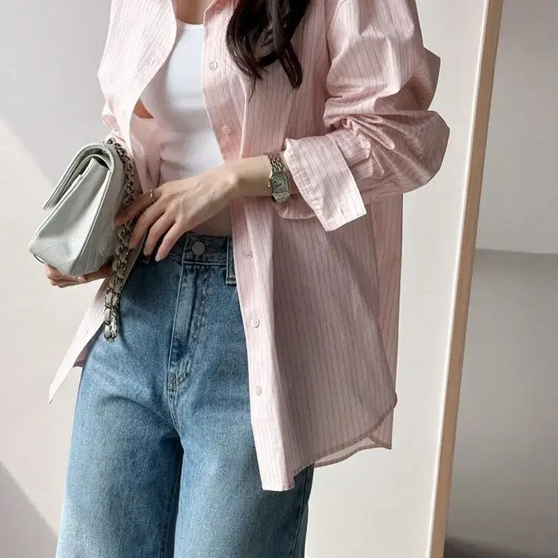 [BUNJANG] Love Paris Pink Stripe Relaxed Fit Shirt / [새상품] 러브패리스 핑크 스트라이프 루즈핏 셔츠(정가8.9)