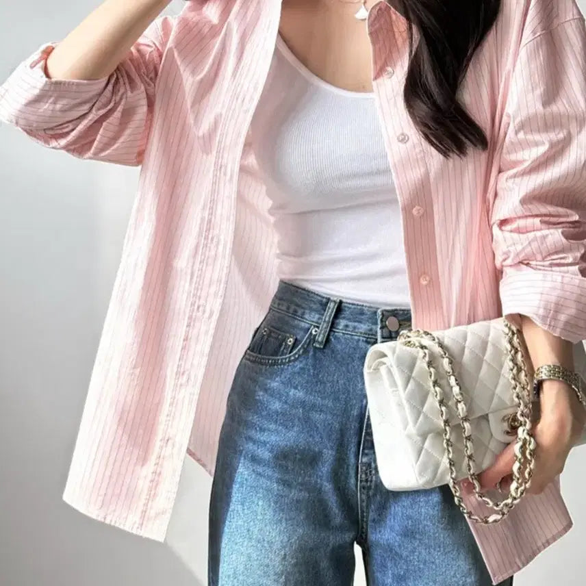 [BUNJANG] Love Paris Pink Stripe Relaxed Fit Shirt / [새상품] 러브패리스 핑크 스트라이프 루즈핏 셔츠(정가8.9)