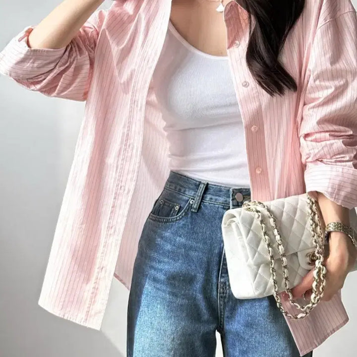 [BUNJANG] Love Paris Pink Stripe Relaxed Fit Shirt / [새상품] 러브패리스 핑크 스트라이프 루즈핏 셔츠(정가8.9)