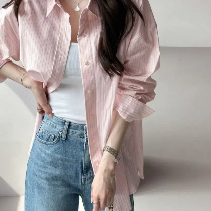 [BUNJANG] Love Paris Pink Stripe Relaxed Fit Shirt / [새상품] 러브패리스 핑크 스트라이프 루즈핏 셔츠(정가8.9)