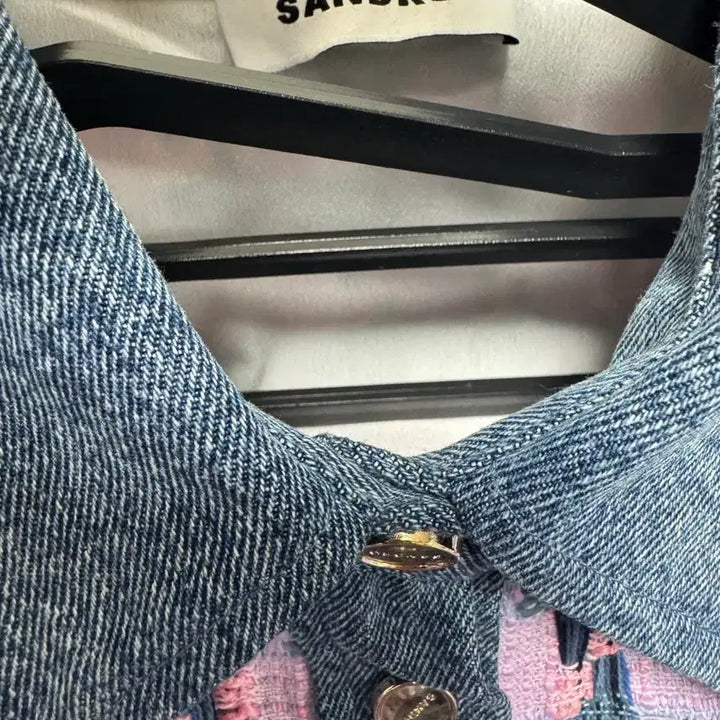 [BUNJANG] Sandro Check Tweed Jacket with Denim Panels / 산드로 체크 트위드 자켓 데님 배색