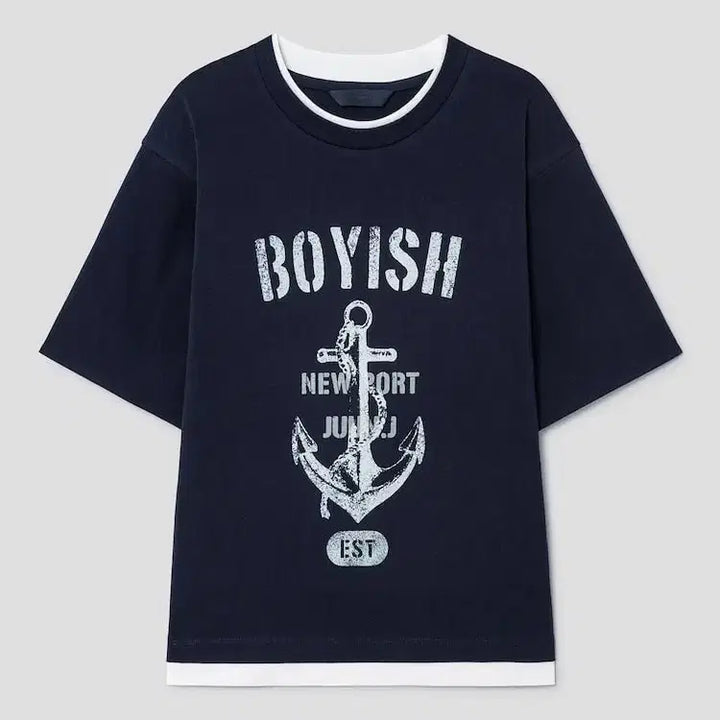 [BUNJANG] Joon/G Double Layered Marine Short-Sleeved T-Shirt / 준/지 더블 레이어드 마린 반팔 티셔츠