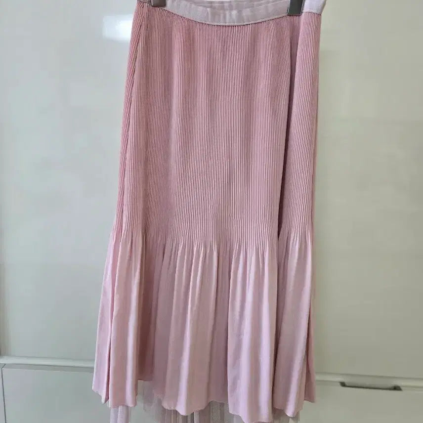 [BUNJANG] Pink Pleated Long Skirt with Lace Detail / 핑크색 플리츠 롱 스커트