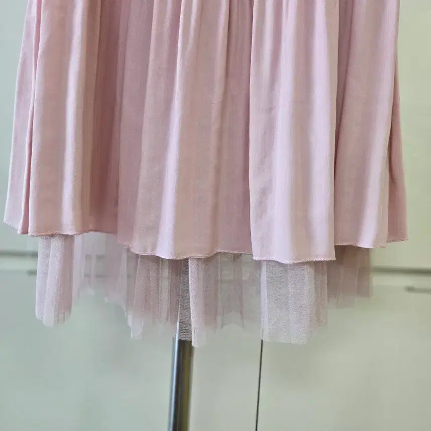 [BUNJANG] Pink Pleated Long Skirt with Lace Detail / 핑크색 플리츠 롱 스커트