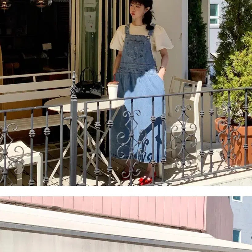 [BUNJANG] Bicini Ribbed Overalls &amp; Smooth Puff T-Shirt Set / 바이씨니 제직리본오버올 ops. 스무스퍼프티 세트 판매(새상품)