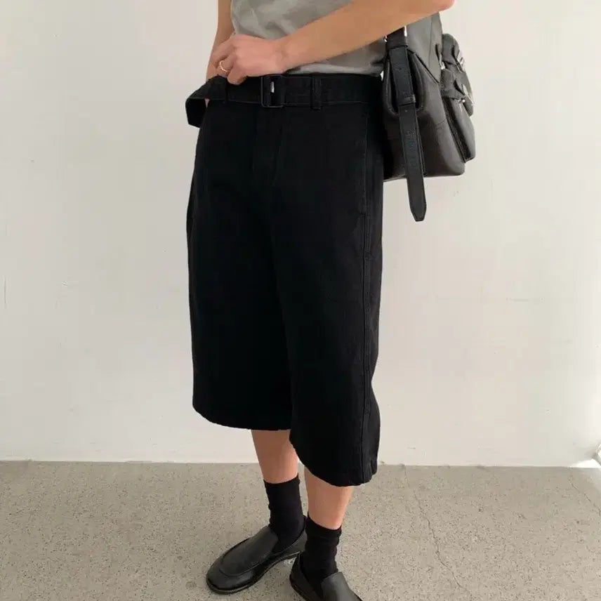 [BUNJANG] Belted Wide 8-Length Denim Pants (Medium Only) / 밸티드 와이드 8부데님 새상품 미듐만 가능