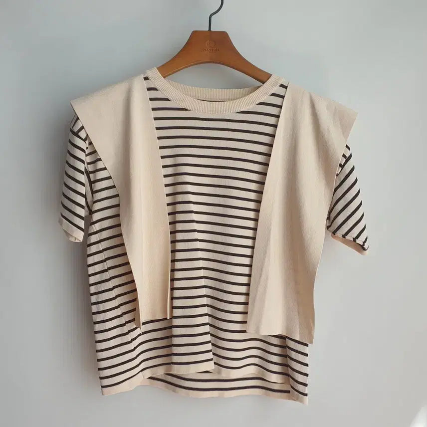 [BUNJANG] Striped Short Sleeve Knit T-Shirt Free Size / 1223 단가라 반팔 니트 티셔츠 F