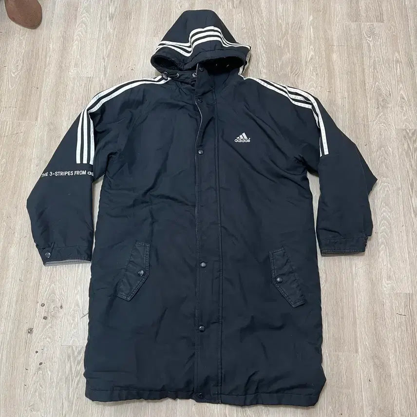 [BUNJANG] Adidas Big Logo Three-Stripes Fleece Lined Long Padded Jacket M/95 / 아디다스 빅로고 삼선 기모 후드 롱패딩 M/95