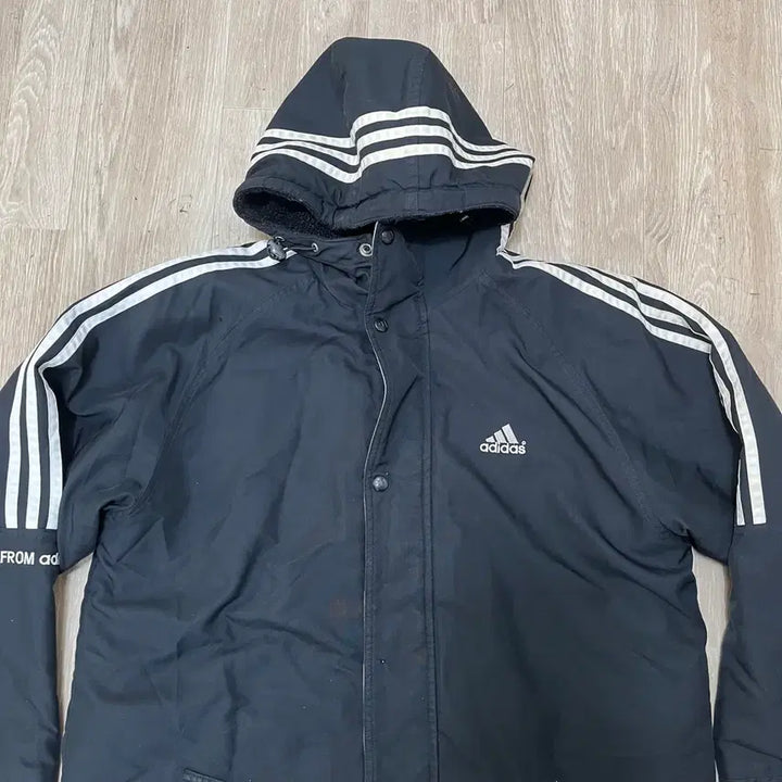 [BUNJANG] Adidas Big Logo Three-Stripes Fleece Lined Long Padded Jacket M/95 / 아디다스 빅로고 삼선 기모 후드 롱패딩 M/95
