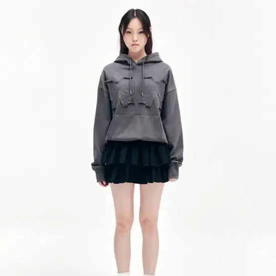 [BUNJANG] Yoohee Ribbon Hoodie Charcoal / 유희 리본 후드티 차콜