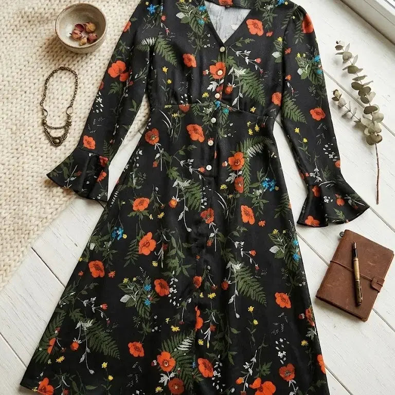 [BUNJANG] Button V-Neck Floral Maxi Dress with Waist Tie / 단추브이넥 롱원피스 꽃무늬 허리끈 66 블랙레드