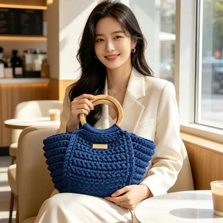[BUNJANG] Handmade Knit Bag with Wooden Ring Handle / 핸드메이드 뜨개 가방
