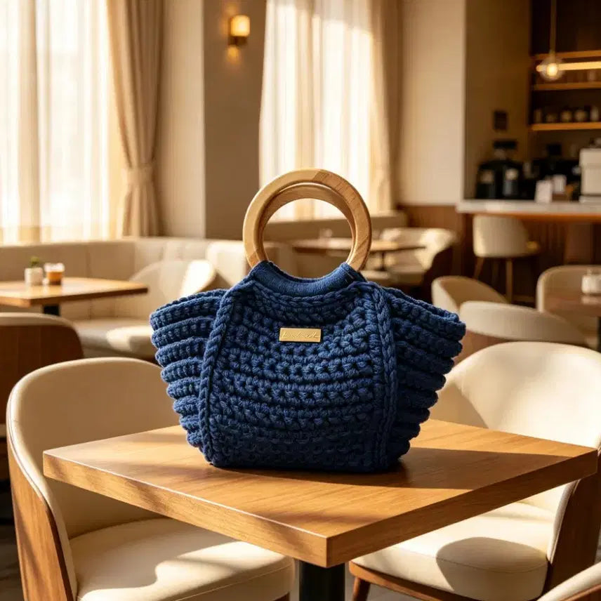 [BUNJANG] Handmade Knit Bag with Wooden Ring Handle / 핸드메이드 뜨개 가방
